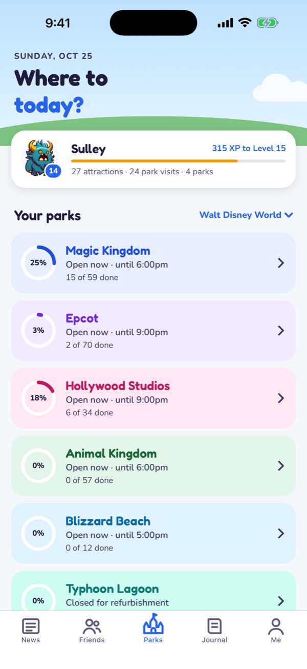 Mousing Around: the Parks tab, with each park's hours, live status and your progress