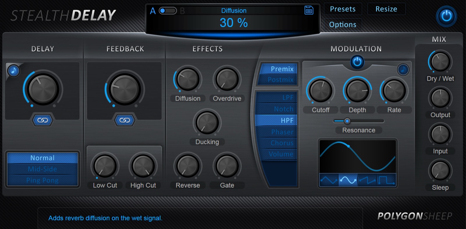 Stealth Delay plugin interface in the blue colour scheme